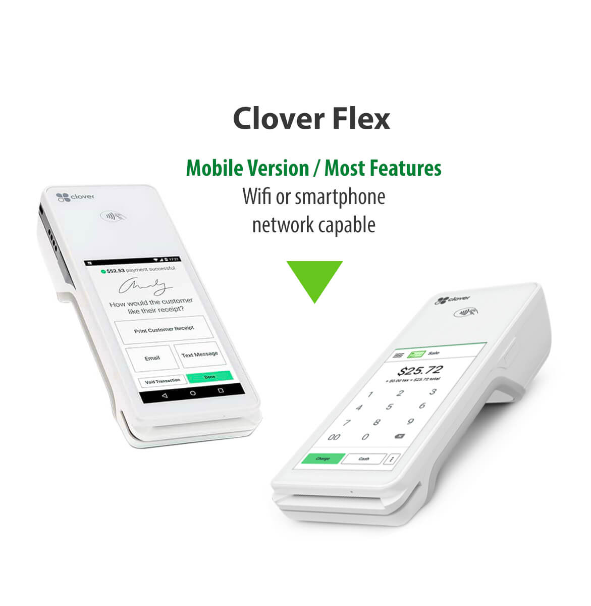 Clover Flex - mobile version has most features, wifi or smartphone network capable