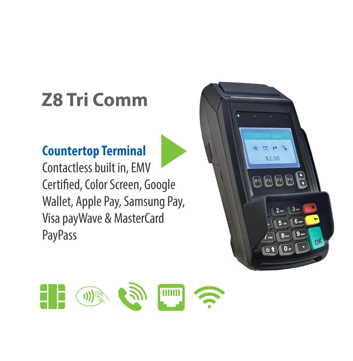 Z8 Tri Comm Countertop Terminal with Contactless built in, EMV Certified, Color Screen, Google Wallet, Apply Pay, Samsung Pay, Visa payWave & MasterCard PayPass