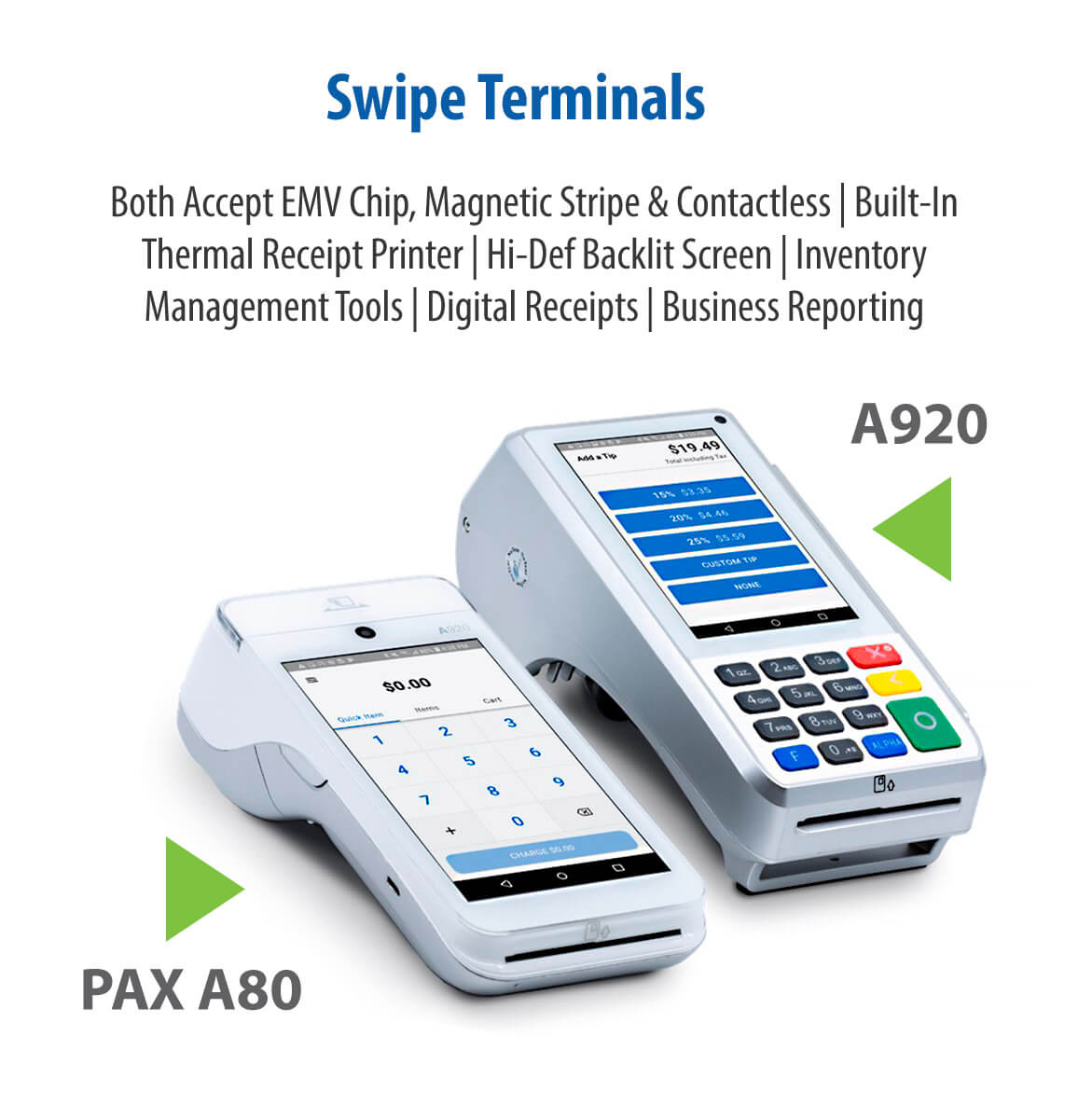 A920 & PAX A80 Both Accept EMV Chip, Magnetic Stripe & Contactless | Built-In